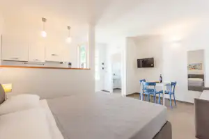 Modernes Studio mit Küchenzeile, Esstisch und blauen Stühlen, Fernseher an der Wand und großen Türen zum Flur.