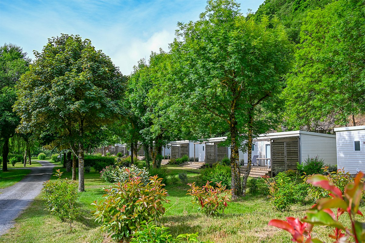 Campingplatz mit Wohnwagen und Mobilheimen, gepflasterter Straße und gepflegtem Grün mit Bäumen und Sträuchern im Vordergrund.