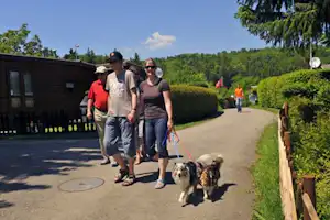 Familie beim Spaziergang auf dem Campingplatzweg, zwei Hunde an der Leine, neben Bungalows und Hecken.