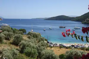 Blick auf eine Bucht mit mehreren Segelbooten, türkisfarbenem Wasser und einem Parkplatz am Hang mit Büschen und Blumen.