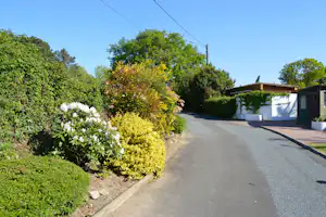 Asphaltweg im Campingbereich mit Hecken und Blumenbeet, rechts weiße Mülltonnen und Gebäude, links dichtes Grün.