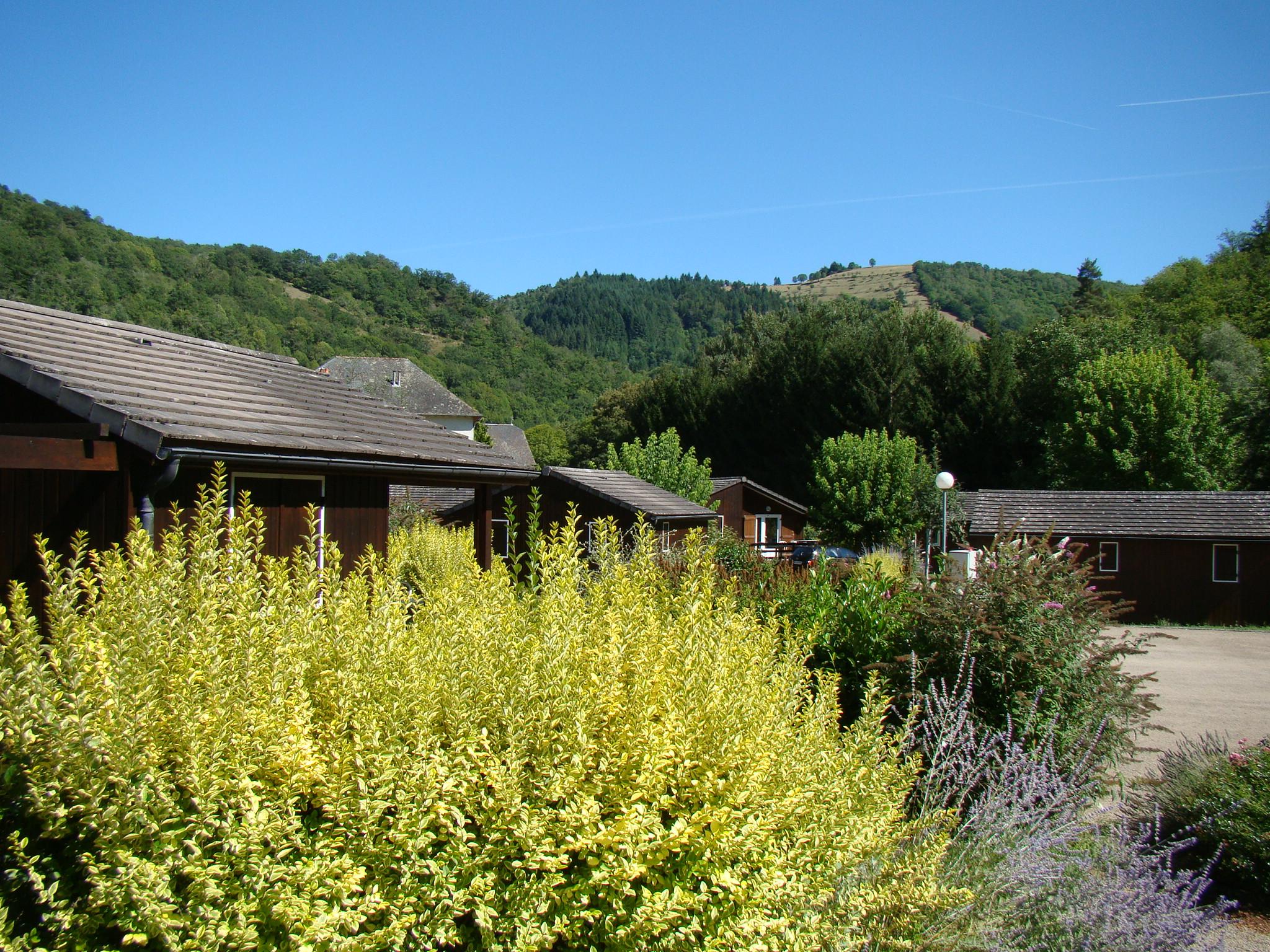 Reihen von Campinghäusern mit Holzfassaden, davor grüne Büsche und ein Weg, im Hintergrund bewaldete Hügel.