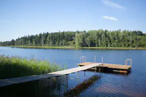 Holzsteg am See mit Geländer, im Vordergrund Schilf und im Hintergrund ein bewaldeter Uferhang.