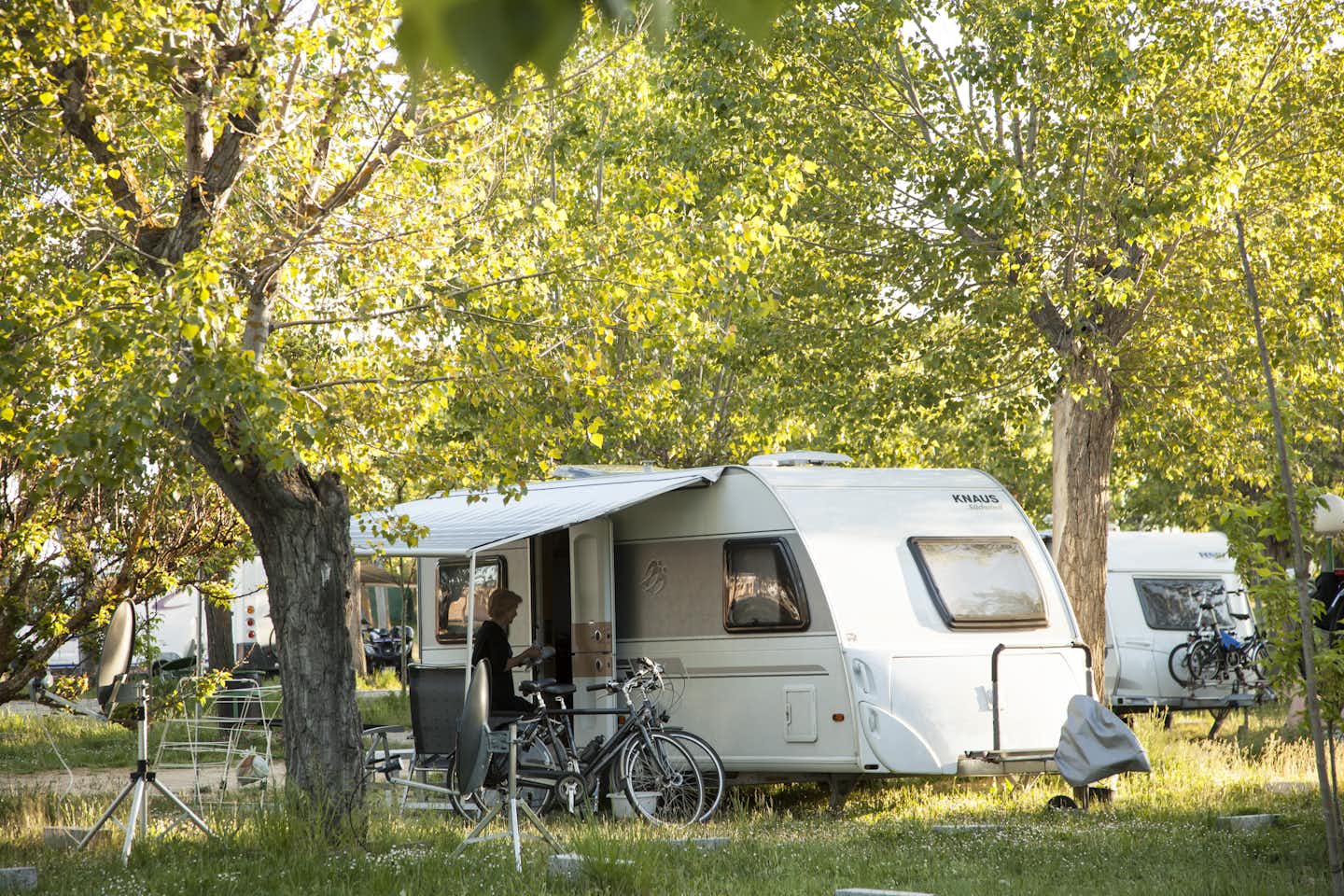 Camping Regio  -  Wohnwagen auf dem Stellplatz zwischen Bäumen