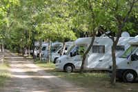 Camping Rio Vero - Wohnmobile und Wohnwagen zwischen Bäumen auf dem Campingplatz