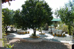 Camping Rosário - Terrasse mit Sitzgelegenheiten auf dem Campingplatz im Schatten der Bäume