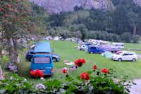 Camping Rütti  -  Wohnwagen- und Zeltstellplatz vom Campingplatz auf einer Wiese umgeben von Bäumen und Bergen