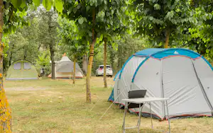 Zelt auf einem Campingplatz im Grünen, daneben ein Tisch und weitere Zelte zwischen Bäumen.