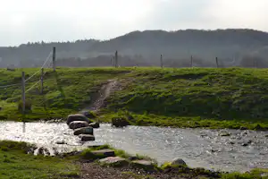 Grüne Wiese mit schmalem Bach, Steinen am Ufer und Zaunpfosten; dahinter Hügel mit Bäumen im Hintergrund.