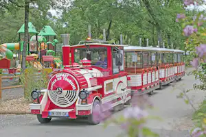 Roter kleiner Zug mit offenen Wagen auf einem Campingplatzweg, umgeben von Bäumen und grünen Spielgeräten.