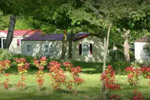 Bungalows aus Holz mit roten Dachziegeln im grünen Garten, umgeben von Bäumen und bunten Sträuchern.