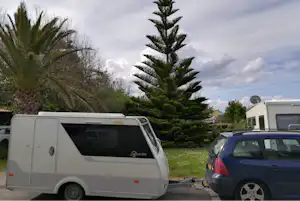 Wohnwagen und Auto auf dem Stellplatz, im Hintergrund Palmen und ein gepflegter Garten mit Rasenfläche.
