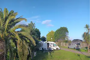 Wohnmobil auf dem Stellplatz, Palmen und Bäume im Hintergrund, daneben ein weiteres Fahrzeug und ein Zelt unter blauem Himmel.
