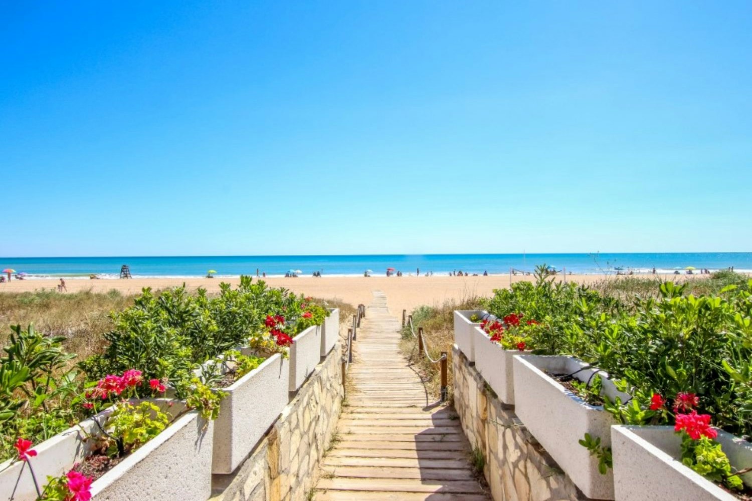 Holzsteg zwischen niedrigen Steinmauern mit Blumenbeeten, Blick auf das Meer und den Strand unter blauem Himmel.