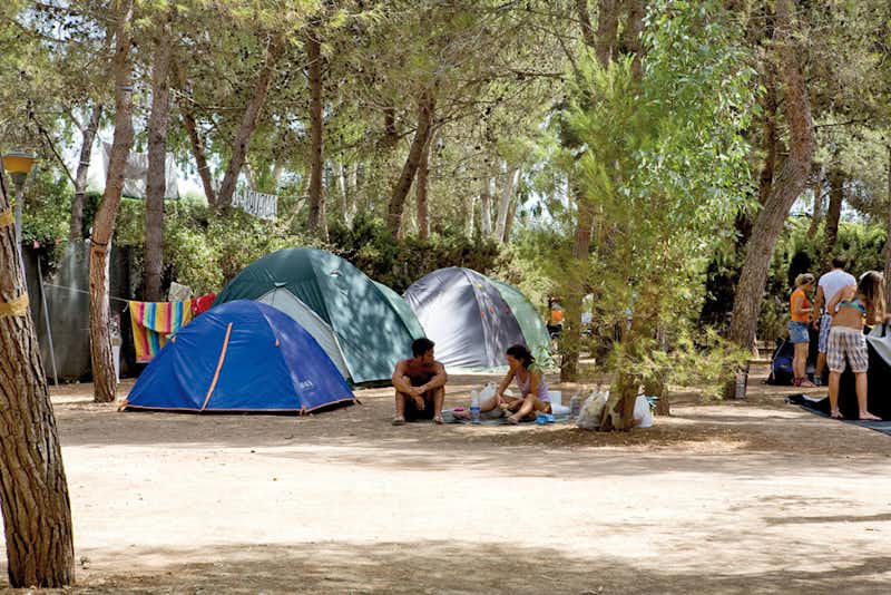 Camping Santa Maria di Leuca - Zelte unter Bäumen mit davor sitzenden Campern
