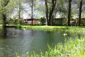 Camping Santa Monica - Blick vom Fluss Rotten auf Mobilheime vom Campingplatz im Grünen