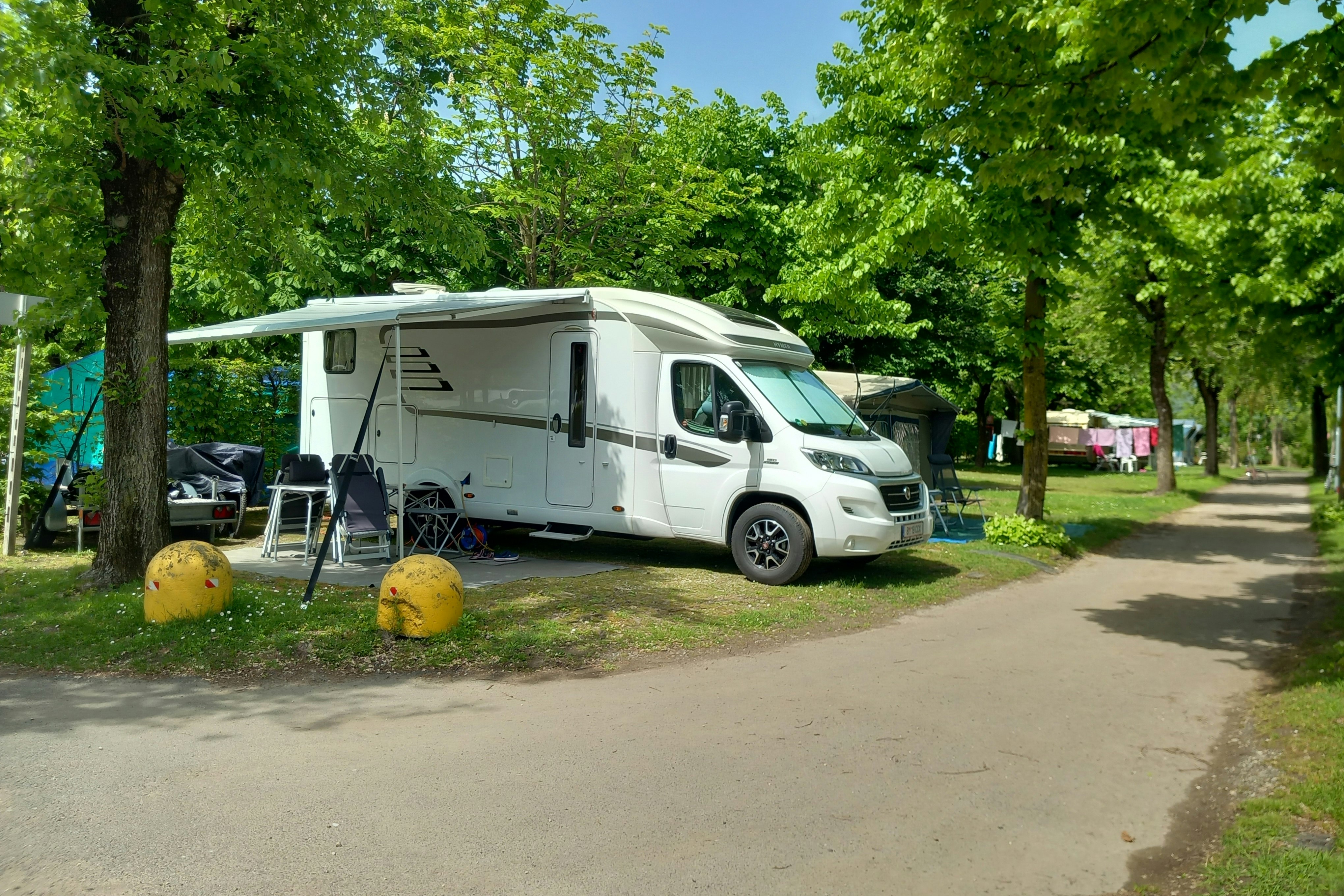 Wohnmobil mit Vorzelt auf einem Stellplatz am Weg, umgeben von Bäumen und Rasen, mit gelben Blumenkugeln im Vordergrund.