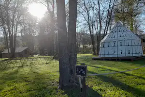 Zelt auf einem Campingplatz auf einer grünen Wiese, mit Weg und Nummernschild am Pfosten im Wald.