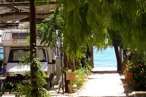 Wohnmobil am Wegesrand unter Bäumen, mit Holzschild, Fahrrädern und Blumenbeeten am Campingplatz.