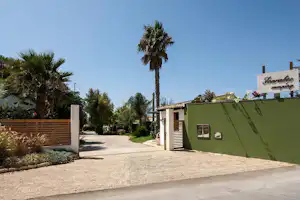 Gepflasterter Weg am Campingplatz mit grünem Haus, Holzjalousien, Palmen und Gartenzaun im Hintergrund.