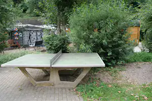 Camping-Tisch aus Holz auf gepflastertem Weg, im Hintergrund ein Zelt und Bäume im grünen Garten.