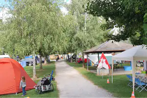 Campingplatz mit Zelt, Wohnwagen und Vorzelt entlang eines gepflasterten Wegs, Bäume im Hintergrund.