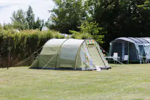 Zelte und ein Wohnwagen auf einer grünen Wiese im Campingbereich, umgeben von Büschen und Bäumen.