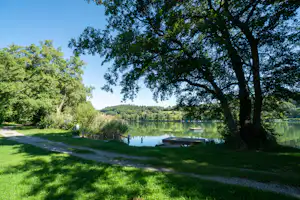 Seeufer am Campingplatz mit Rasen, Kiesweg und Steg, umgeben von hohen Bäumen und grünen Sträuchern.