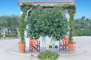 Terrasse mit Pflanzenbogen, zwei Holzstühlen und großen Töpfen, im Hintergrund Olivenbäume und ein Spielzeugwagen.
