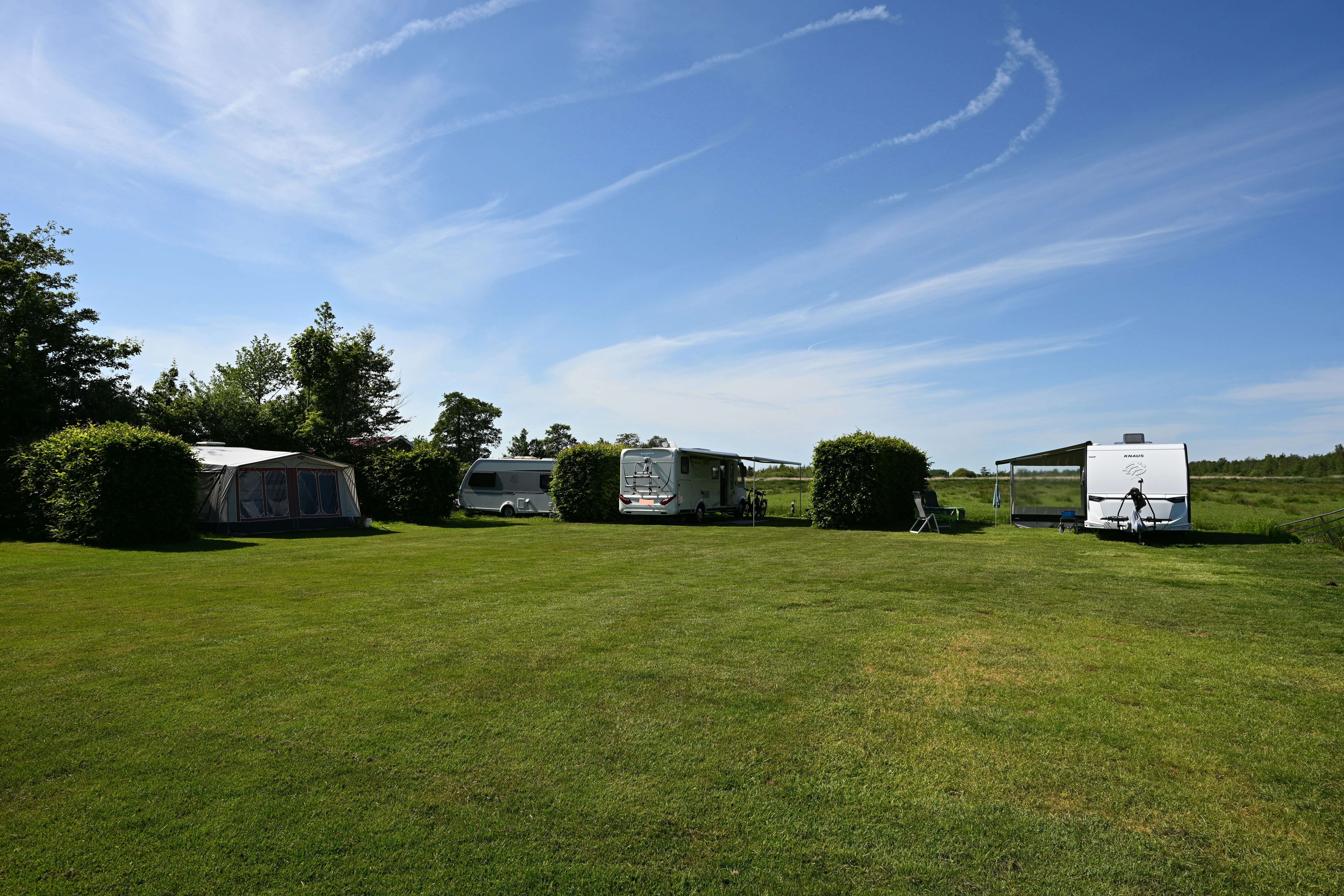 Campingwiese mit mehreren Zelten und Wohnwagen, Hecken und Bäumen am Rand, im Hintergrund ein Wohnmobil.