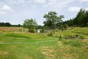 Campingwiese mit schmalem Weg, Bäumen und kleinen Hütten im Hintergrund, daneben Bänke und ein Grill.