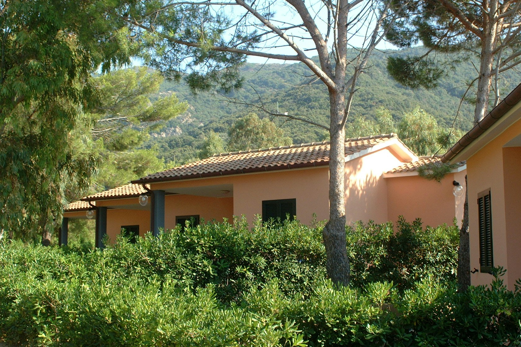 Campinggebäude mit gelber Fassade, Veranda und Hecken am Weg, umgeben von Bäumen und Hügeln im Hintergrund.
