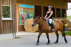 Reiterin auf braunem Pferd in einer überdachten Stallhalle, Heuballen und Holzwände im Hintergrund.