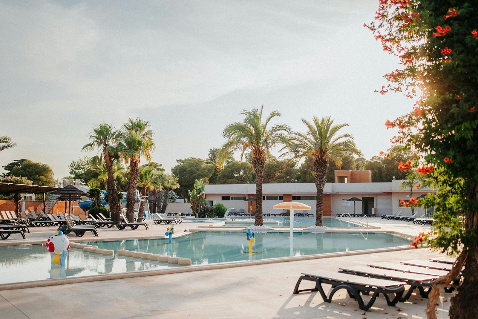 Camping-Pool mit Liegen am Beckenrand, Palmen im Hintergrund und ein weißes Gebäude hinter dem Poolbereich.