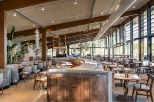 Innenbereich eines modernen Camping-Restaurants mit Theke, vielen Stühlen und Tischen, großen Fenstern und Pflanzen im Hintergrund.