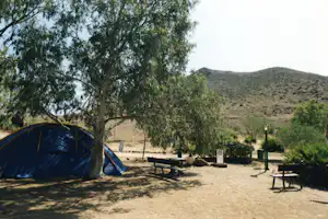 Camping Tau - Zelt auf dem Zeltstellplatz vom Campingplatz unter einem Baum mit Blick auf die Berge