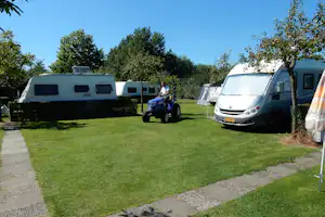 Wohnwagen und Campingbusse auf einem grünen Stellplatz, mit Grasfläche, Kiesweg und Bäumen am Rand.