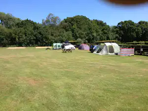 Campingwiese mit mehreren Zelten, Sitzgelegenheiten und einem Wohnwagen am Rand, umgeben von Bäumen.
