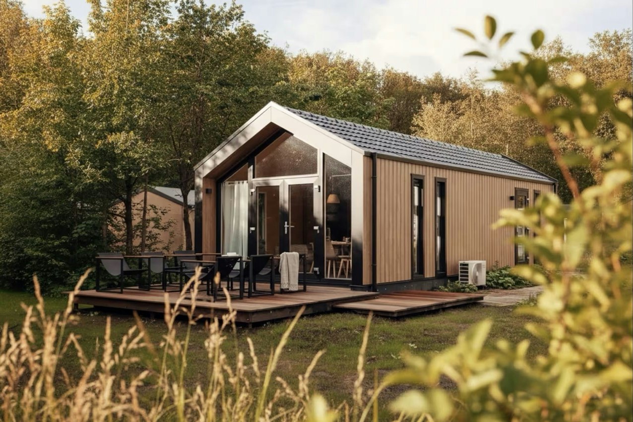 Modernes Holz-Campinghaus mit Terrasse, Sitzgruppe und Tisch im Grünen, umgeben von Bäumen und Sträuchern.