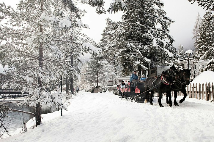 Winterlicher Campingweg im Schnee mit Pferdekutsche, Laternen und verschneiten Bäumen entlang eines Zauns.