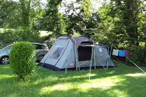 Campingzelt auf dem Rasen im grünen Garten, mit Abspannleinen, Hecke und geparkten Autos im Hintergrund.