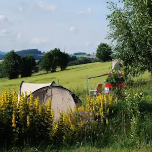 Campingzelt im Grünen auf einem Stellplatz, umgeben von Wiesenblumen und Bäumen, mit Blick auf das weite Tal.