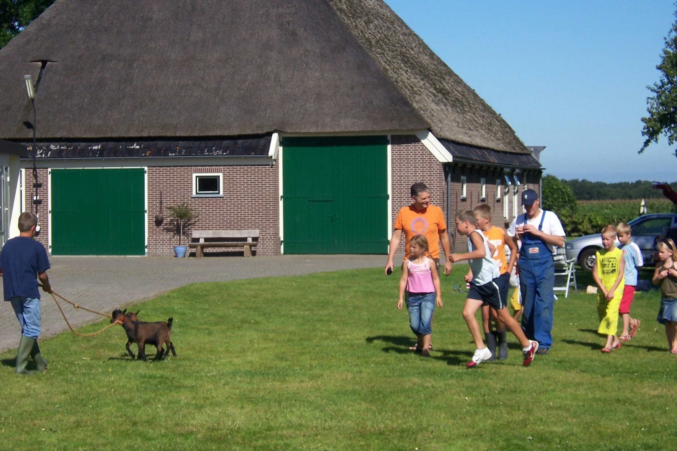 Reetgedecktes Ferienhaus mit grünen Türen und Rasenfläche, daneben laufen Kinder und ein Hund vor dem Gebäude.
