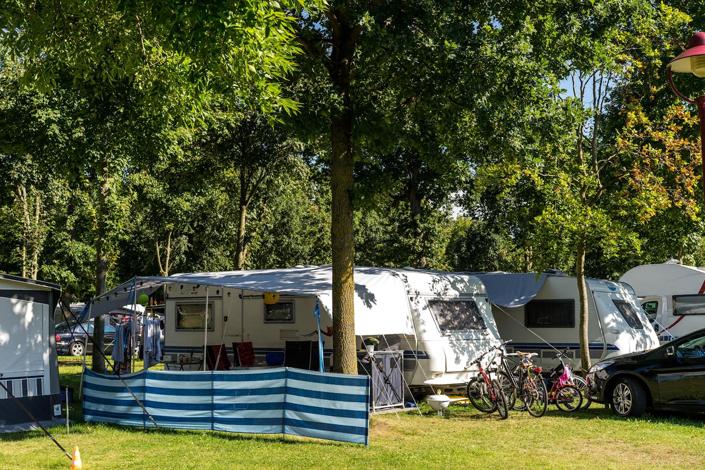 Camping- und Ferienpark Markgrafenheide - Wohnwagen auf dem Wohnwagen- und Zeltstellplatz vom Campingplatz zwischen Bäumen