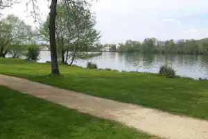 Uferweg am See mit Rasenfläche, Bäumen und Schilf am Ufer, ruhiger Blick über das Wasser.