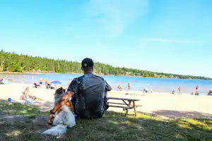 Ursand Resort & Camping Camping Ursand - Camper mit Hund auf der Liegewiese am See