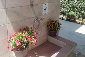 Badebereich am Campingplatz: Außendusche an der Wand, Blumen in Töpfen und Sitzbank aus Stein an der Ecke.