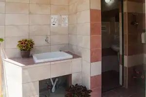 Waschbecken und Badewanne in einem hell gefliesten Sanitärraum, daneben Blumen in Töpfen und eine Dusche im Durchgang.