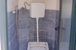 Camping-Badezimmer mit Toilette, Spülkasten, Handbrause und Duschvorhang, gefliestem Boden und Wandfliesen.