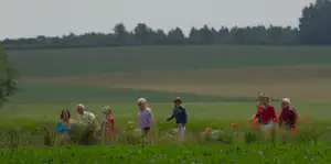 Familie spaziert durch ein Blumenfeld am Campingplatz, im Hintergrund Felder und Bäume.